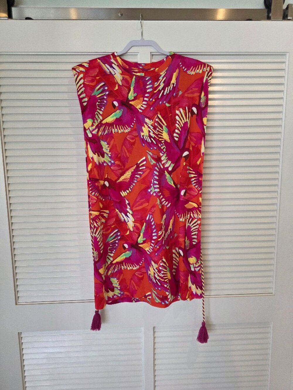 Farm Rio Flying Birds Mini TShirt Dress, Deep Orange/Multi, NWOT, Size M